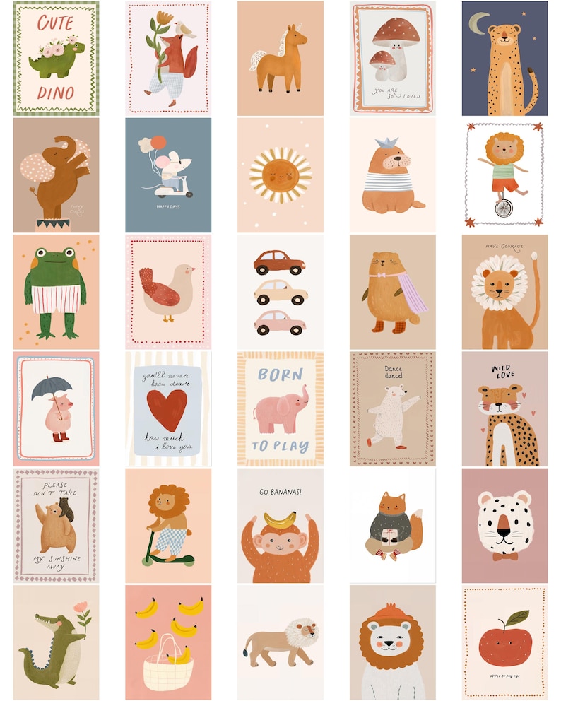 May include: A collection of illustrated cards featuring various animals and objects. The cards have a soft color palette and include a dinosaur, squirrel, horse, mushroom, cheetah, mouse, sun, seal, lion, frog, bird, cars, bear, elephant, and more. Some cards have text.