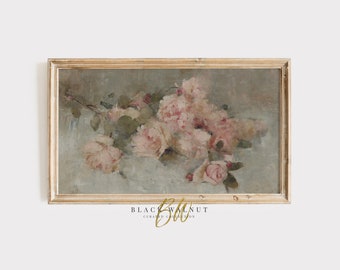 Frame tv-kunst gedempte roze rozen, Frans land vintage bloemen stilleven, antieke bloemenschilderij, Samsung Frame TV, digitale download