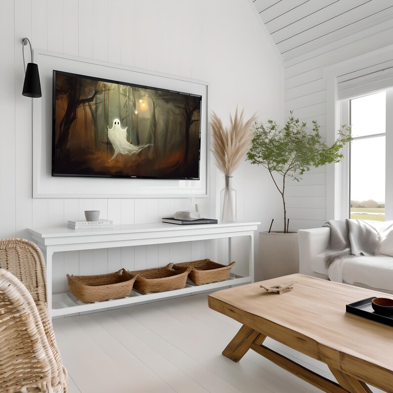 Fall Tv Screen Samsung Frame TV Art Cute Ghost on Swing, Halloween Decor, Fall Frame ...