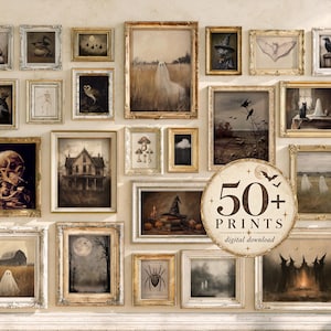 May include: A gallery wall collection of framed art prints featuring dark, atmospheric themes including ghosts, skeletons, witches, haunted houses, and nature motifs. A circular overlay displays the text 50+ PRINTS digital download.