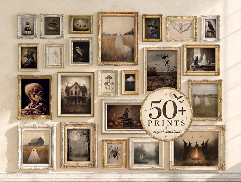 May include: A gallery wall collection of framed art prints featuring dark, atmospheric themes including ghosts, skeletons, witches, haunted houses, and nature motifs. A circular overlay displays the text 50+ PRINTS digital download.