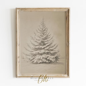 Printable Christmas Tree Print, Vintage Winter Drawing, Neutral Fir Tree Sketch, Minimalist Holiday Decor, Digital Prints