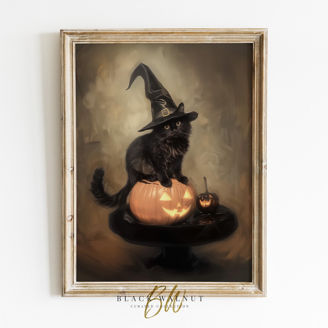 Cute Halloween Wall Art Print, Black Cat Witches Hat Pumpkin Digital ...