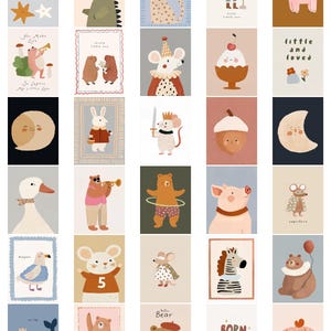 May include: A collection of whimsical art prints featuring various animals and celestial bodies. Each print showcases a unique illustration, including a dinosaur, mouse, bear, and zebra, with charming details and soft color palettes. Some prints include text like "Shine Brightly, Stars" and "Born to be Wild."
