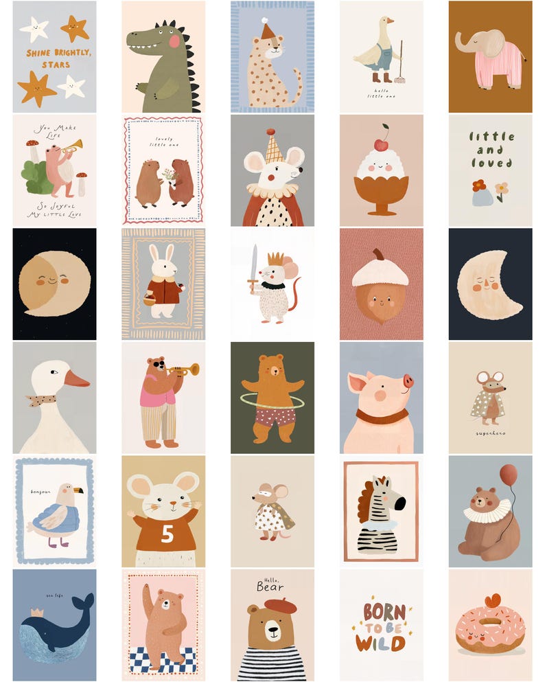 May include: A collection of whimsical art prints featuring various animals and celestial bodies. Each print showcases a unique illustration, including a dinosaur, mouse, bear, and zebra, with charming details and soft color palettes. Some prints include text like "Shine Brightly, Stars" and "Born to be Wild."