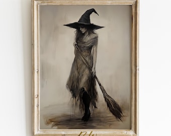 Impresión de bruja de Halloween, arte de pared vintage imprimible con brujas, impresiones rústicas neutras, impresión de arte abstracto wiccan con un tono melancólico, arte de pared de descarga instantánea