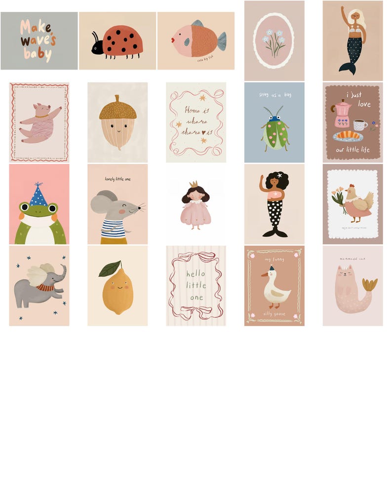 Pode incluir: Uma cole&ccedil;&atilde;o de estampas art&iacute;sticas caprichosas com v&aacute;rias ilustra&ccedil;&otilde;es. As estampas incluem uma joaninha, um peixe, uma sereia e um sapo com um chap&eacute;u de festa. Algumas estampas t&ecirc;m texto como "Make waves baby" e "Hello little one".