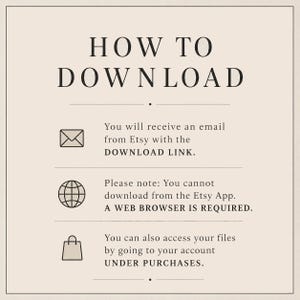 May include: An instructional graphic with a beige background and dark text titled HOW TO DOWNLOAD. It outlines three steps: receiving an email with a download link, using a web browser instead of the Etsy app, and accessing files via account purchases.