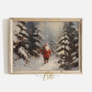 Printable Christmas Wall Art, Vintage Rustic Santa in Woods Painting, Farmhouse Christmas Holiday Decor, Digital Print, Horizontal Print