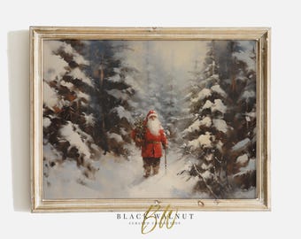 Printable Christmas Wall Art, Vintage Rustic Santa in Woods Painting, Farmhouse Christmas Holiday Decor, Digital Print, Horizontal Print
