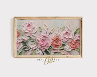 Samsung Frame TV Abstract Floral Art, Pink Flowers Painting, Spring Summer Roses Digital Download, Modern Textured 3D Flower Art