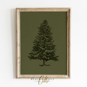 Winter Tree Sketch, Moody Dark Green Wall Art, Christmas Modern Minimalist Printable Art Farmhouse Decor Digital Download Christmas Tree Art