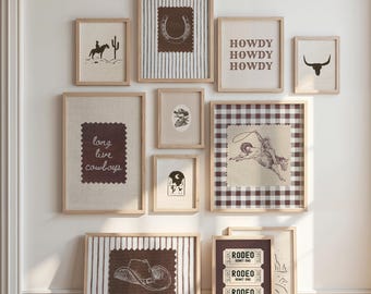 Láminas del Oeste, Arte para la pared de la habitación de niños, Juego de 11 láminas de vaqueros vintage, Juego de galería de pared en tonos neutros, Decoración infantil a cuadros vichy, Arte retro de rodeo