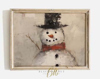 Sneeuwpop print, winter muurkunst, afdrukbare kerst kunst aan de muur, schattige sneeuwpop digitale download, rustieke boerderij schilderij, digitale print