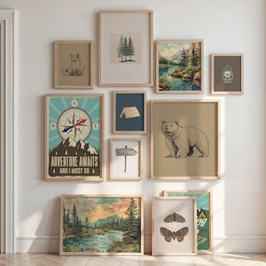Outdoor Boy Prints, Retro Camping Wall Art Set of 11 Boy Nursery Art Bundle, Rustic Mountain Adventure Room Vintage National Park Poster Set