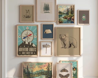 Outdoor Boy Prints, Retro Camping Wall Art Set of 11 Boy Nursery Art Bundle, Rustic Mountain Adventure Room Vintage National Park Poster Set