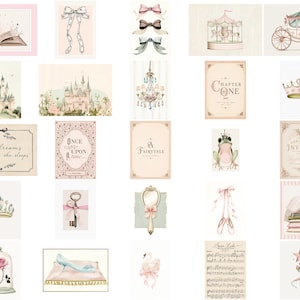 May include: A collection of twenty-five digital art prints featuring fairy tale motifs including a castle, carriage, crown, glass slipper, rose in a glass dome, ballet slippers, a frog, a chandelier, and various text-based storybook illustrations.