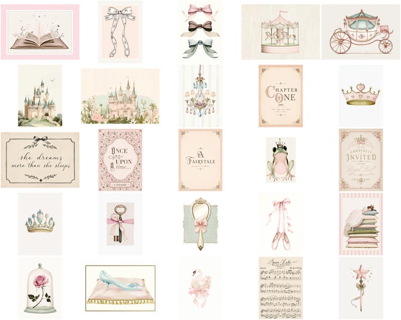 May include: A collection of twenty-five digital art prints featuring fairy tale motifs including a castle, carriage, crown, glass slipper, rose in a glass dome, ballet slippers, a frog, a chandelier, and various text-based storybook illustrations.