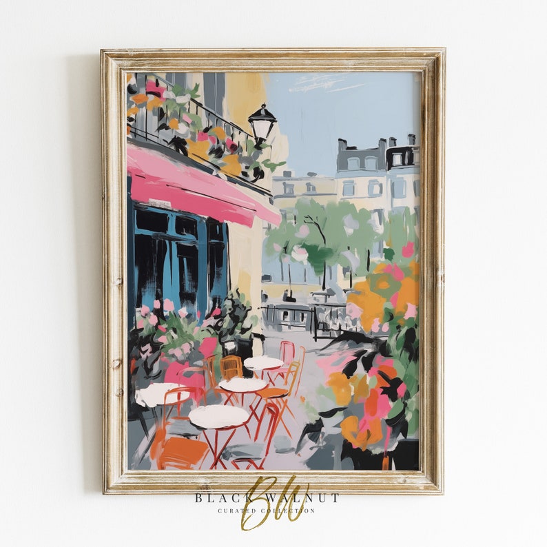 Paris Cafe Art Print, Pink Pastel Paris Painting, Coquette Room Decor