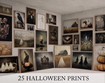 Halloween Print Set, Printable Vintage Halloween Gallery Wall Prints, Spooky Ghosts Witchy Wall Art, Halloween Bundle Digital Prints