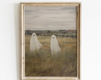 Ghost Painting, Halloween Wall Art Print, Country Rustic Ghosts in Fall Field, Moody Spooky Painting Cottagecore Decor Printable Wall Art