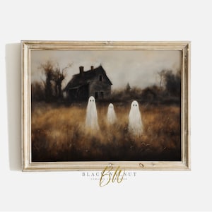 Spökkonsttryck, stämningsfulla kusliga spöken i fält, Halloween-dekor i vintagestil, utskrivbar väggkonst i Cottagecore-dekor, digitalt landskapstryck