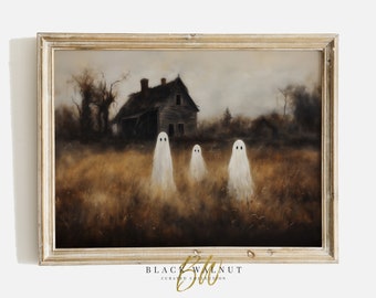 Ghost Art Print, Moody Spooky Ghosts in Field, Halloween Vintage Style Decor, Cottagecore Decor Printable Wall Art, Landscape Digital Print