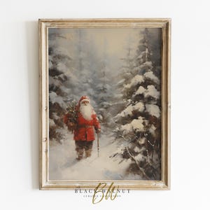 Printable Christmas Santa Landscape Print, Vintage Abstract Santa Claus Wall Art, Rustic Farmhouse Holiday Decor, Digital Download