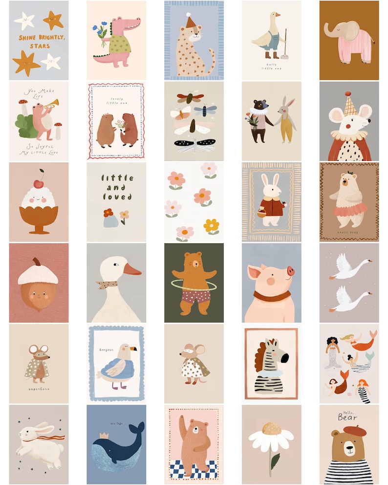 Pode incluir: Uma cole&ccedil;&atilde;o de estampas ilustradas com v&aacute;rios animais e designs extravagantes. As estampas incluem um crocodilo com flores, um leopardo com um chap&eacute;u de festa, um urso com um hula hoop e um porco. Algumas estampas t&ecirc;m texto como "Shine Brightly, Stars."