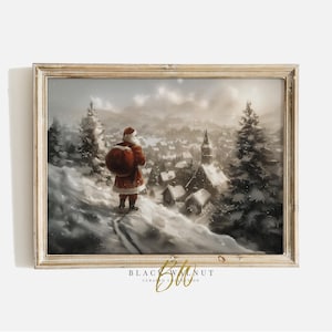 Printable Christmas Vintage Landscape, Santa Claus Wall Art, Farmhouse Christmas Print, Digital Download, Holiday Decor Santa Claus Painting