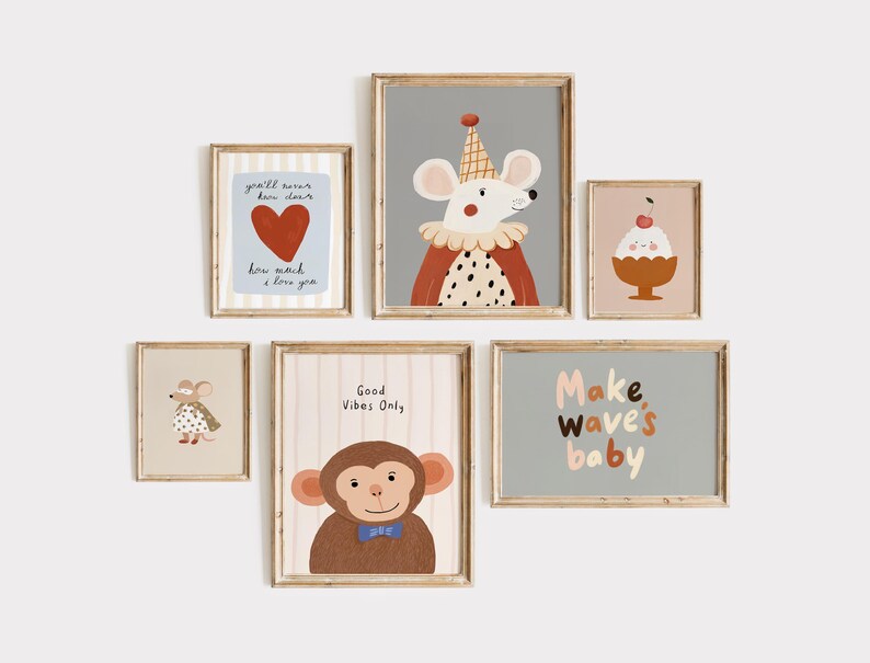 May include: A collection of framed art prints featuring whimsical animal illustrations and positive affirmations. The prints include a mouse in a circus outfit, a monkey with a bow tie, and the text "Make wave's baby". The color palette includes soft pastels.