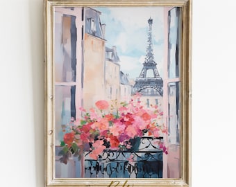 Paris Eiffel Tower Painting, Pink Paris Romantic Art Print, Girly Aesthetic, Digital Print, Room with a View Printable Art, Paris Flowers