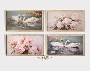 Frame TV Art Swans Flowers Set of 4, Coquette Room Decor, Peonies Samsung Frame TV Art, Digital Download, Vintage Style Oil Painting