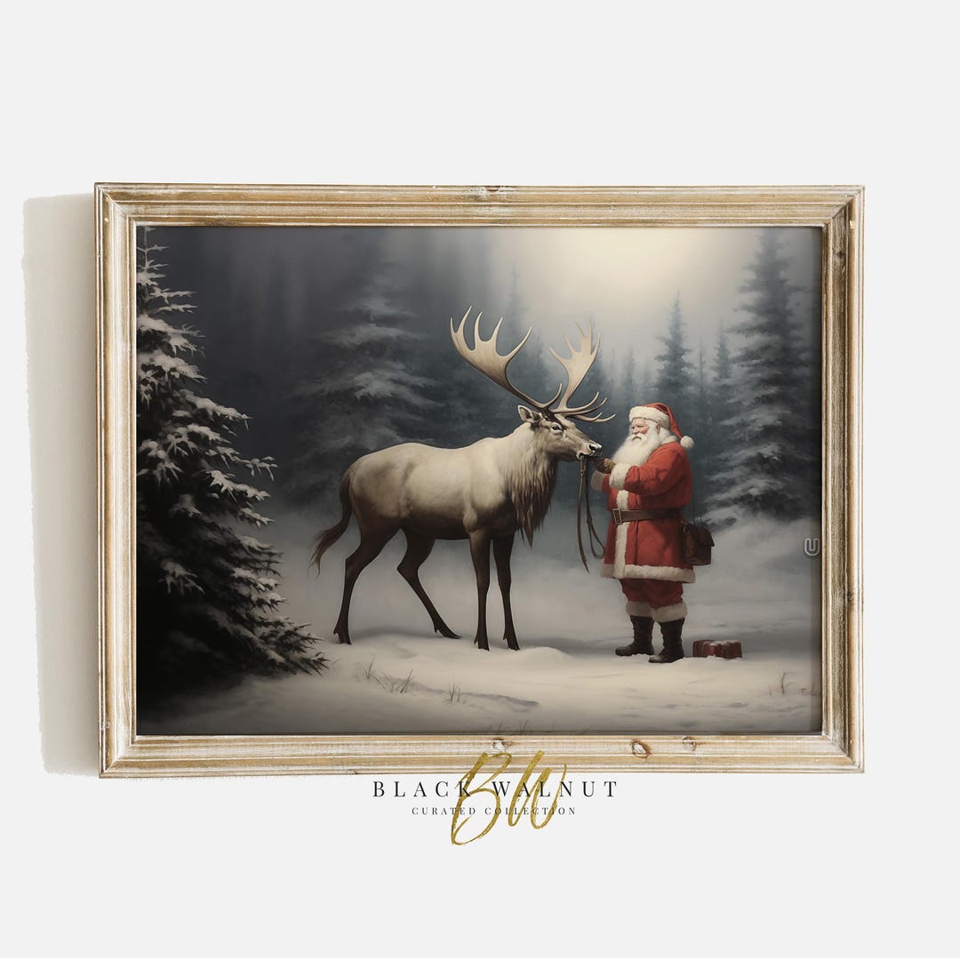 Printable Santa Reindeer in Winter Forest Print Christmas Wall Art