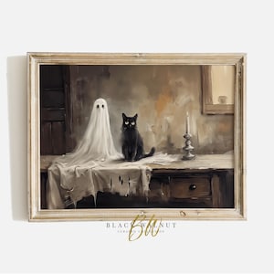 Ghost Black Cat Halloween Wall Art Print, Printable Vintage Style Rustic Painting, Cute Ghost Art, Cat Lover Downloadable Art, Digital Print