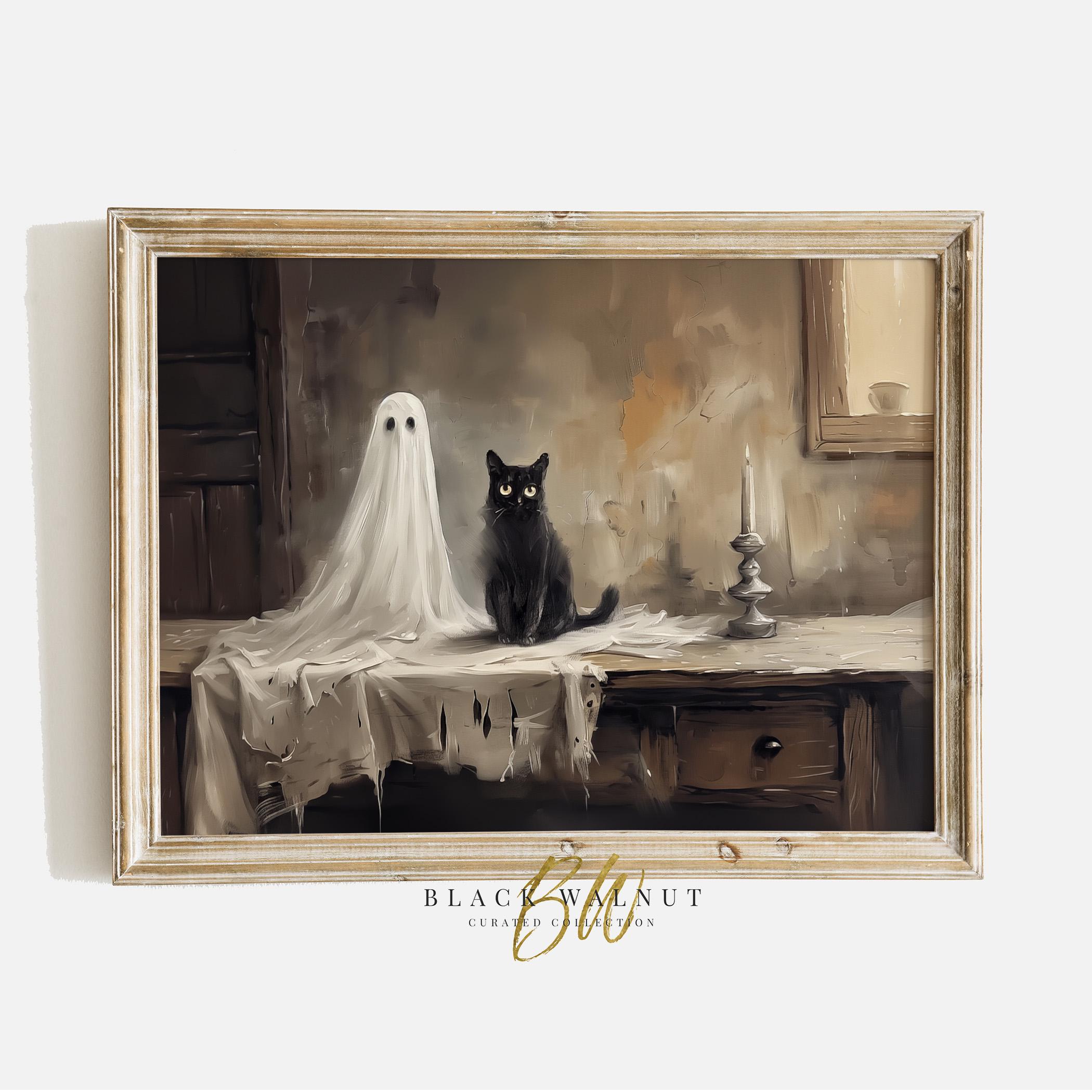 Ghost Black Cat Halloween Wall Art Print, Printable Vintage Style ...