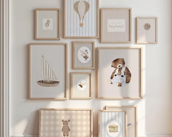 Conjunto de 11 pôsteres para parede de quarto de menino, decoração estética vintage, decoração neutra estilo cottagecore, pôsteres digitais para download.