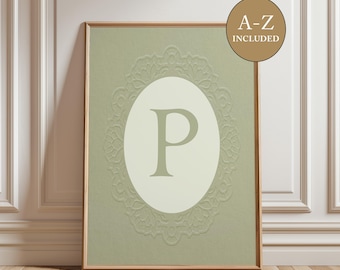 Sage Initial Wall Art, Vintage Monogram Initial Print, Girl Nursery Decor, Cottagecore Alphabet Digital Print, Printable Wall Art