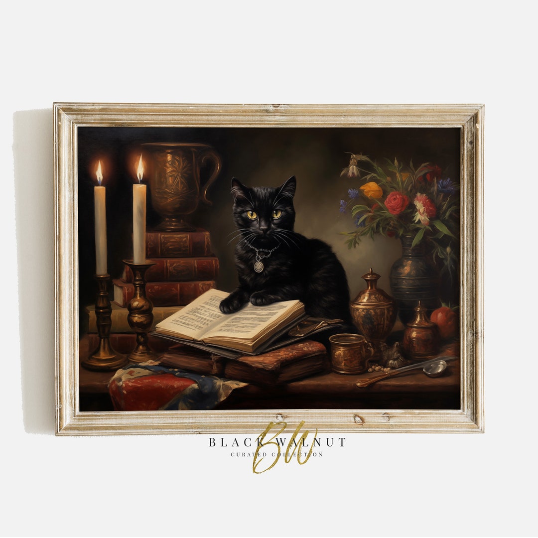 Black Cat Vintage Style Art Print, Dark Academia Decor, Halloween Wall ...