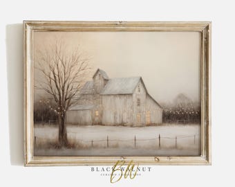 Rustic Winter Landscape Print, Country Christmas Wall Art, Digital White Barn Christmas Tree Painting, Printable Vintage Style Painting