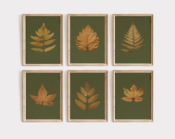 Green Vintage Fall Leaf Print Set, Autumn Botanical Wall Art Set, Printable Wall Art, Rustic Minimalist Decor, Maple Leaf Fern Digital Print