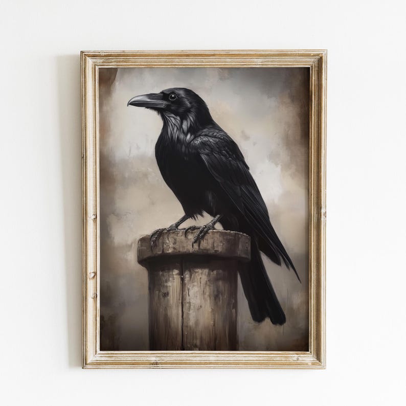 Halloween Digital Print, Raven Wall Art Print, Moody Crow Painting, Dark Academia Decor, Vintage Style Portrait, Gothic Halloween Aesthetic image 1