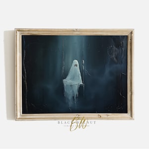 Ghost on Swing Art Print, Halloween Decor, Vintage Style Painting, Cute Moody Spooky Ghost Printable Wall Art, Horizontal Digital Print