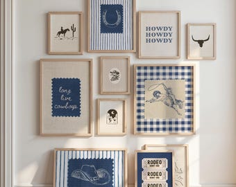 Juego de 11 láminas de arte para el muro occidental, estampado de vaquero vintage, decoración azul para habitación infantil, estilo rodeo retro western, cuadros vichy cottagecore.