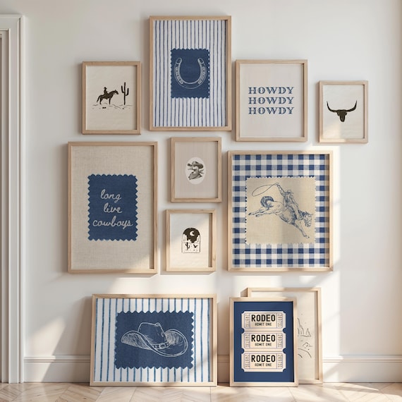 Western Wall Art Print Set, Vintage Cowboy Print Set of 11, Blue Nursery Decor, Boys Room Rodeo Retro Western Aesthetic, Cottagecore Gingham