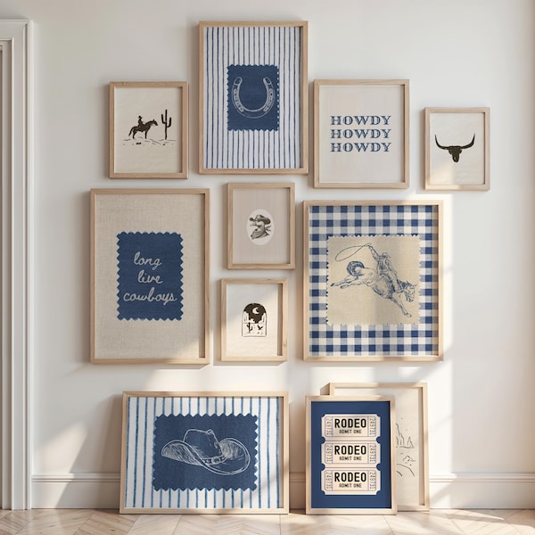 Set di stampe artistiche da parete Western, set di 11 stampe vintage da cowboy, decorazioni per cameretta blu, estetica retrò western da rodeo per cameretta dei ragazzi, quadretti Cottagecore Gingham