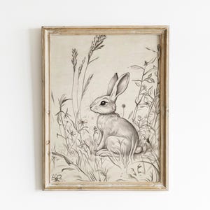 Easter Print Vintage Bunny Rabbit Sketch Drawing, Bunny in Field Country Farmhouse Printable Wall Art, Rustic Easter Decor, Digital Download