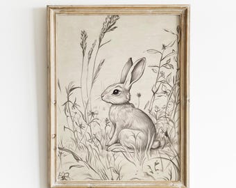 Easter Print Vintage Bunny Rabbit Sketch Drawing, Bunny in Field Country Farmhouse Printable Wall Art, Rustic Easter Decor, Digital Download