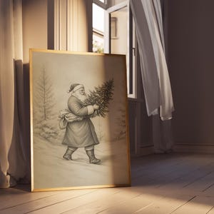 Może przedstawiać: Ilustracja w czarno-białym kolorze w ramie przedstawiająca osobę przebraną za Świętego Mikołaja niosącego choinkę.