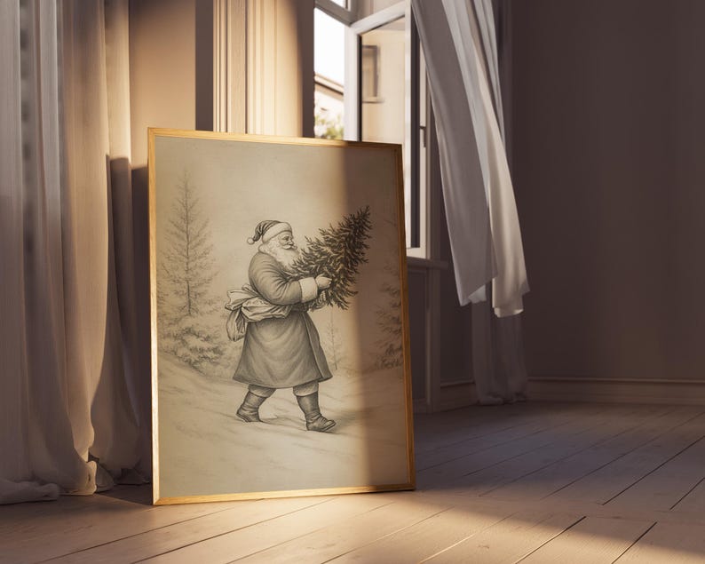 Może przedstawiać: Ilustracja w czarno-białym kolorze w ramie przedstawiająca osobę przebraną za Świętego Mikołaja niosącego choinkę.